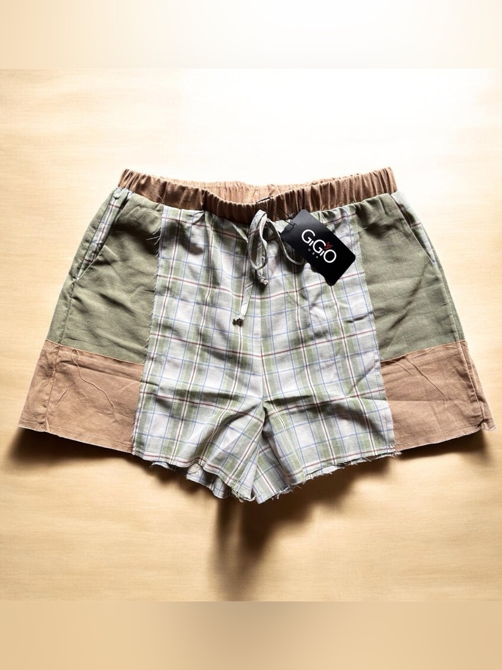 GIGIO USA Green Plaid Patchwork Raw Hem Shorts | Fits S/M
